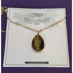 Tiger's Eye Teardrop Pendant Necklace On Gold Tone Satellite Station Chain